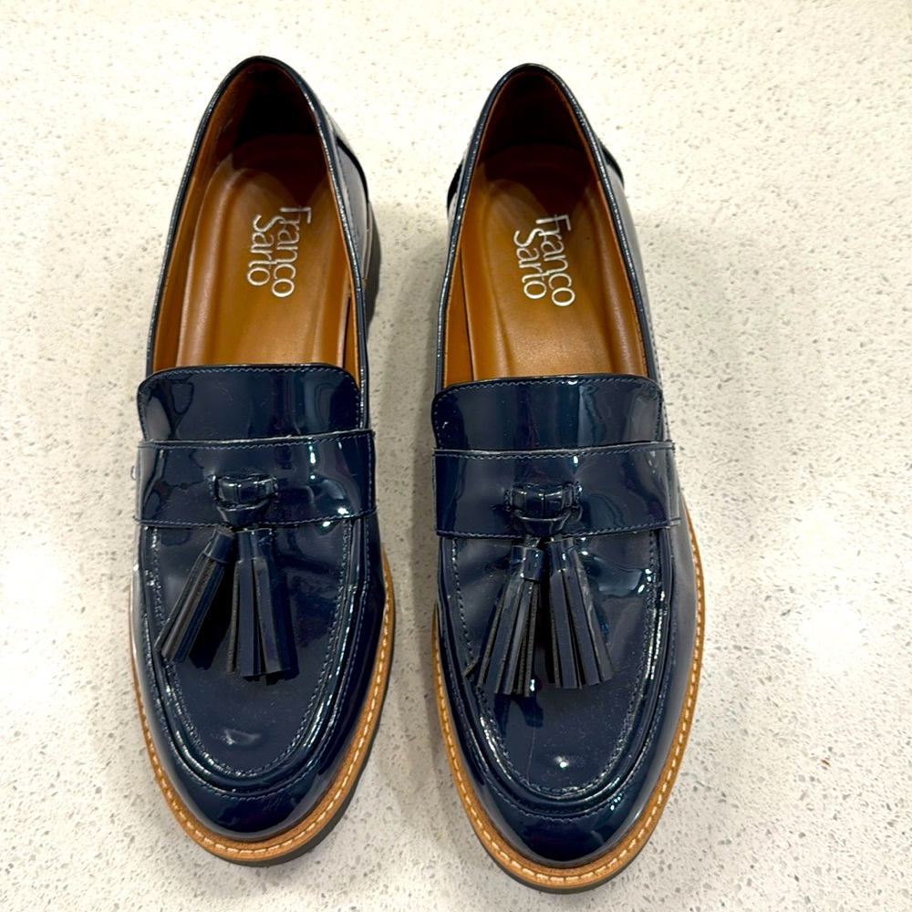 Franco Sarto Tassel Lug Sole Patent Loafer. Ink Blue,  Black Lug Sole. US 9.5